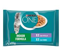 Purina One Indoor Filettini in Salsa Cibo per Gatti Vitello e Tonno, 4 buste da 85g