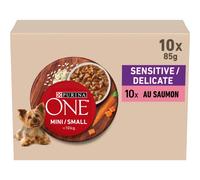 PURINA ONE Mini/S <10kg Sensitiva/Delicata, Sbucciato con Salmone, Riso e Carote in salsa per Cani Adulti di Piccole Dimensioni| Digestione Sensibile Bustine Pasto 10x85g