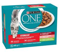 PURINA ONE Sterilcat 12x85g con manzo e carote, con salmone e carote, con tacchino e fagiolini, cibo umido per gatti dopo la sterilizzazione