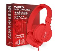 Puro Sound Labs PuroBasic - Cuffie con cavo per bambini, pieghevoli, regolabili, con microfono, compatibili con smartphone, tablet e PC (rosso)