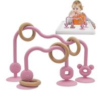 Purphy Giocattolo a ventosa per bambini, in silicone, con ventosa con anello in legno, giocattolo per bambini a partire dai 3 mesi, giocattolo per motorie, senza BPA, giocattolo per mordere bambino