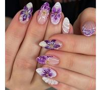 Purple Almond Press On Nails 3D Floral Rhinestones | Intricate 3D floral patterns, sparkling rhinestone accents, elegant purple , almond shape design