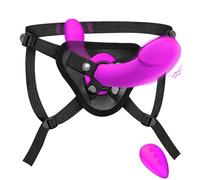 Purple Double-Ended Silicone Strap-On Harness w/ 10Vib Remote, Adjustable Waist/Thigh, Waterproof for Couples
