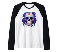 Purple Floral Black Sugar Skull Day of The Dead Mexican Art Maglia con Maniche Raglan