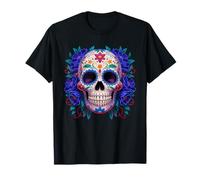 Purple Floral Black Sugar Skull Day of The Dead Mexican Art Maglietta