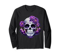 Purple Floral Black Sugar Skull Day of The Dead Mexican Pray Maglia a Manica