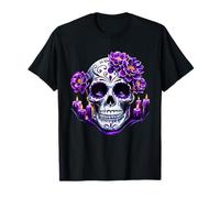 Purple Floral Black Sugar Skull Day of The Dead Mexican Pray Maglietta