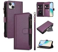 (Purple) For iPhone 15 Plus Leather Case with 9 Card Slots, Zipper Wallet, Stand & Wrist Strap Phone Cover