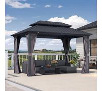 PURPLE LEAF Gazebo da giardino esterno in alluminio, 3,65 x 2,4 m, Pergola da giardino esterno a doppio tetto rigido in acciaio zincato, gazebo con tende e zanzariera, per terrazza, barbecue, grigio