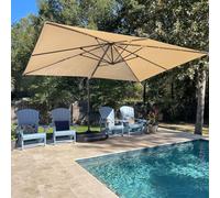 PURPLE LEAF Ombrellone da Giardino 3 x 4 m con Basi per Ombrelloni, Ombrellone Decentrato con 8 Stecche in Alluminio e Tela Protezione UV 50+, Rotazione di 360° e 5 Posizioni Inclinazioni, Beige