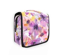 Purple Splashes Floral and Bees borsa da viaggio da appendere con gancio per appendere Grande custodia per il trucco verticale autoportante