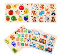 Purpledi 5 Pezzi Puzzle in Legno per i Bambini, Giochi Montessori Bambino, Educativo Giocattoli Regalo per 1 2 3 Anni, Animali Frutta Forme Lettere Numeri Traffico, Regalo Natale Ragazzi Ragazze