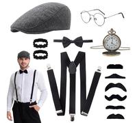 Purpledi Set Accessori Anni '20 Uomo, Gatsby Gangster Costume Accessori, 13 Pezzi - Cappello Panama, Orologio da Tasca Vintage, Papillon, Bretelle Y-Back, Baffi, Ideale per Carnevale, Festa e Natale