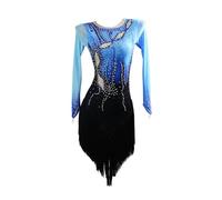 purpleq Abito da Ballo Latino a Maniche Lunghe per Donna, Costume con Strass e Frange per Esibizioni Professionali, Vestito Elegante per Danze Latine, Gare di Ballo e Spettacoli,Blu,L