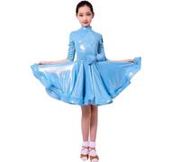 purpleq Abito da Ballo Latino per Bambine in Vernice Lucida, Professionale per Salsa, cha cha, Valzer e Tango, Abbigliamento da Allenamento,Blu,S