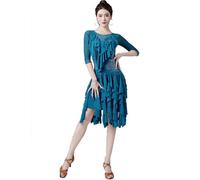 purpleq Abito da Ballo Latino per Le Donne Strass Maniche Lunghe Cristallo Canapa Sala da Ballo Valzer Cha Cha Salsa Pratica Gonna,Blu,XL