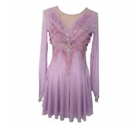 purpleq Abito da Pattinaggio Artistico Donna, Costume Lilla a Maniche Lunghe con Inserti in Rete e Strass per Gara ed Esibizioni