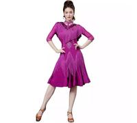 purpleq Donne Frangia Danza Latina Concorso Abito da Sala Valzer cha cha Liscia di Pesce Bordo Salsa Tango Samba Pratica Gonna,Fuchsia,S