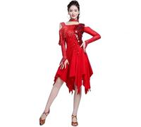 purpleq Donne Frangia Danza Latina Concorso Abito Maniche Lunghe Sala da Ballo Valzer cha cha Salsa Pratica Gonna con Collana,Rosso,M
