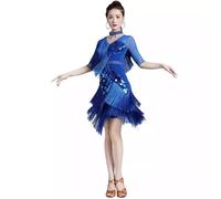 purpleq Donne Paillettes Frange Danza Latina Concorso Abito Nappe Sala da Ballo Valzer Cha Cha Salsa Samba Pratica Gonna,Blu,L