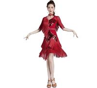 purpleq Donne Paillettes Frange Danza Latina Concorso Abito Nappe Sala da Ballo Valzer Cha Cha Salsa Samba Pratica Gonna,Rosso,XL