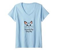 Purr-Perfect Day Every Day Cat Lover Citazione Maglietta con Collo a V, Donna, Celeste, S