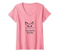 Purr-Perfect Day Every Day Cat Lover Citazione Maglietta con Collo a V, Donna, Rosa, M