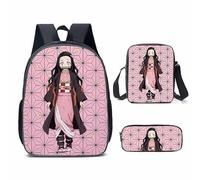 Puruuige Kamado Tanjiro - Zaino per la scuola per bambini e ragazzi 3 in 1, motivo anime Agatsuma Zenitsu/Kamado Nezuko, set con borsa per il pranzo, astuccio per bambini, regalo per il rientro a