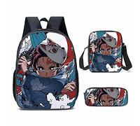 Puruuige Kamado Tanjiro - Zaino per la scuola per bambini e ragazzi 3 in 1, motivo anime Agatsuma Zenitsu/Kamado Nezuko, set con borsa per il pranzo, astuccio per bambini, regalo per il rientro a