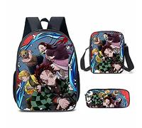Puruuige Kamado Tanjiro - Zaino per la scuola per bambini e ragazzi 3 in 1, motivo anime Agatsuma Zenitsu/Kamado Nezuko, set con borsa per il pranzo, astuccio per bambini, regalo per il rientro a