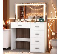Puselo Tavolo da toeletta con illuminazione a LED e specchio, tavolo da toeletta con 5 cassetti e sgabello, tavolo cosmetico bianco per camera da letto 80 x 36 x 130 cm