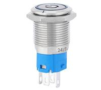 Push Button Metal 16mm, Flat Round Head con LED Blu, Anello Simbolo di Accensione - Materiale in Acciaio Inossidabile, Auto Reset, Facile Installazione (24 V)