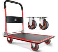 Push Cart Dolly by Wellmax | Functional Moving Platform + Hand Truck | Foldable for Easy Storage + 360-degree Swivel Wheels + 330lb Weight Capacity | Red Colour