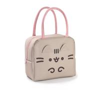 Pusheen Borsa per il pranzo da donna | Borsa per il pranzo marrone e rosa da donna | Stampa di un simpatico gatto con orecchie 3D con cerniera, contenitore per alimenti cartoni animati kawaii
