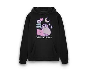 Pusheen con Cappuccio da Donna | Felpa con Cappuccio Grafica da Donna Weekend Plans in Nero | Cat Kitten Laptop Nuovo Msg Love Hearts Apparel Maglione | Regalo di Articoli di Cartoni Animati Internet
