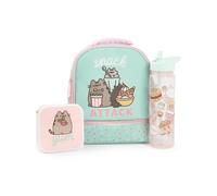 Pusheen il set borsa per il pranzo, scatola per il pranzo e bottiglie per bevande Cat Mint | Set pranzo scolastico Snack Attack a pois per ragazze | Bottiglia d'acqua trasparente