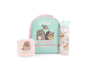 Pusheen il set borsa per il pranzo, scatola per il pranzo e bottiglie per bevande Cat Mint | Set pranzo scolastico Snack Attack a pois per ragazze | Bottiglia d'acqua trasparente