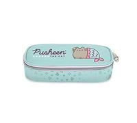 Pusheen - Licenza ufficiale - Astuccio scuola ovale, con pratica zip e separatore interno con elastici portapenne - Celeste Rosa - Misure 22cm x 6 x 9 - vuoto