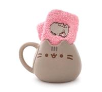 Pusheen Set di tazza e calzini da donna | Calzini da vitello con stampa grafica the Cat per adulti e tazza in ceramica rosa e marrone | Tazza per bevande calde da donna