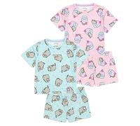 Pusheen The Cat Girls 2 Pack Pigiama| Bambini Adolescenti Blu Rosa Cartoon Cat Ice Cream Cupcakes T-Shirt Shorts Set Sleepwear Merchandise