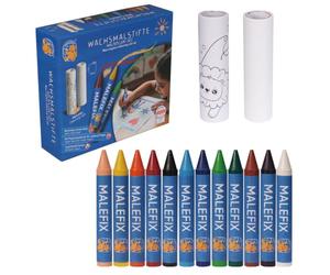 PUSTEFIX Malefix - Set di matite colorate a cera, 12 penne, 2 rotoli da colorare