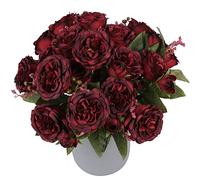 Pusuny 4 fasci di peonie artificiali, peonie finte bordeaux per la decorazione della casa e bouquet da sposa, fiori di peonia finti sfusi come artigianato fai da te piante finte senza vaso (rosso