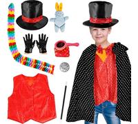 Puteraya Costume magico da mago per bambini, 9 pezzi, con gilet, borsa, guanti, cappello, bacchetta, per Halloween