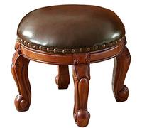 PUTHLLA Pouf poggiapiedi Rotondo in Pelle, poggiapiedi Imbottito, Sgabello da toeletta Europeo di Alta qualità con 4 Gambe in Legno Intagliato, Colore caffè, Non Girevole