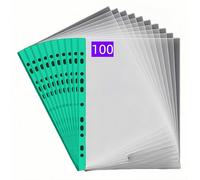 PUTOAHAO 100 Buste Trasparenti Anelli A4,Cartelline Trasparenti A4 in PP, 0.06mm,11 Fori per 2/3/4 Anelli,Formato DINA4 (20-30 Fogli),Apertura Superiore,per Scuola/Ufficio/Casa(Lato verde)