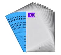 PUTOAHAO 100 Pezzi Buste Trasparenti Anelli A4,Cartelline Trasparenti A4 in PP(0.06mm),11 Fori per 2/3/4 Anelli,Formato DINA4 (20-30 Fogli),Apertura Superiore,per Scuola/Ufficio/Casa (Lato blu)
