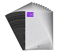 PUTOAHAO 100 Pezzi Buste Trasparenti Anelli A4,Cartelline Trasparenti A4 in PP(0.06mm),11 Fori per 2/3/4 Anelli,Formato DINA4 (20-30 Fogli),Apertura Superiore,per Scuola/Ufficio/Casa (Lato nero)