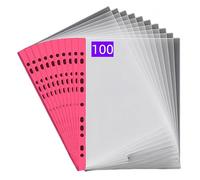PUTOAHAO 100 Pezzi Buste Trasparenti Anelli A4,Cartelline Trasparenti A4 in PP (0.06mm,60 micron),11 Fori per 2/3/4 Anelli,Formato DINA4 (20-30 Fogli),per Scuola/Ufficio/Casa (Lato rosso,6C-100)