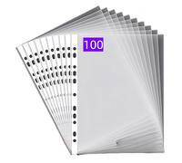 PUTOAHAO 100 Pezzi Buste Trasparenti Anelli A4,Cartelline Trasparenti A4 in PP, 0.06mm,Impermeabili,11 Fori per 2/3/4 Anelli,Formato DINA4 (20-30 Fogli),Apertura Superiore,per Scuola/Ufficio/Casa