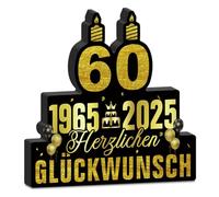 Putuo Decor Espositore da tavolo per 60° compleanno, dal 1965 al 2025, decorazione nera e dorata con numeri, palloncini, torte e scritta di auguri